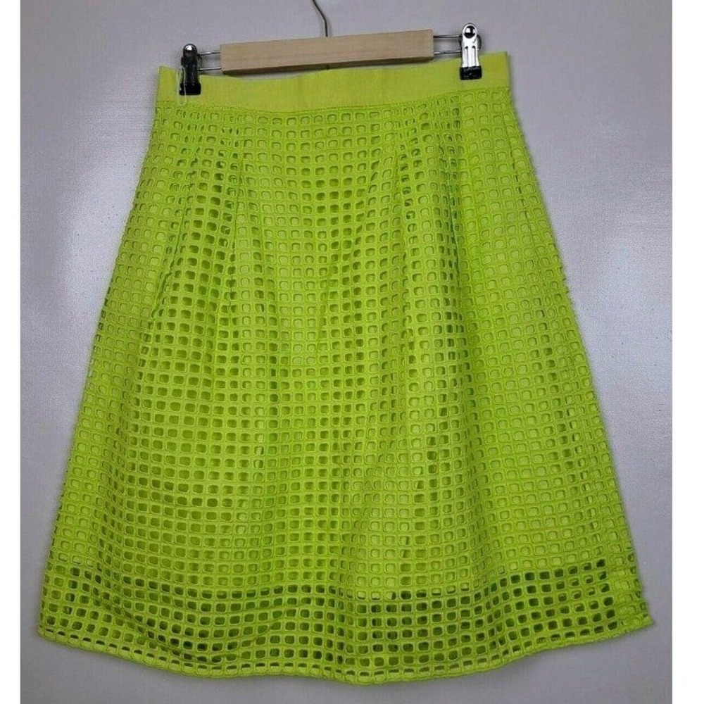Ann Taylor LOFT Eyelet Midi Skirt Womens 8 Neon Yellow A-Line Mesh Overlay